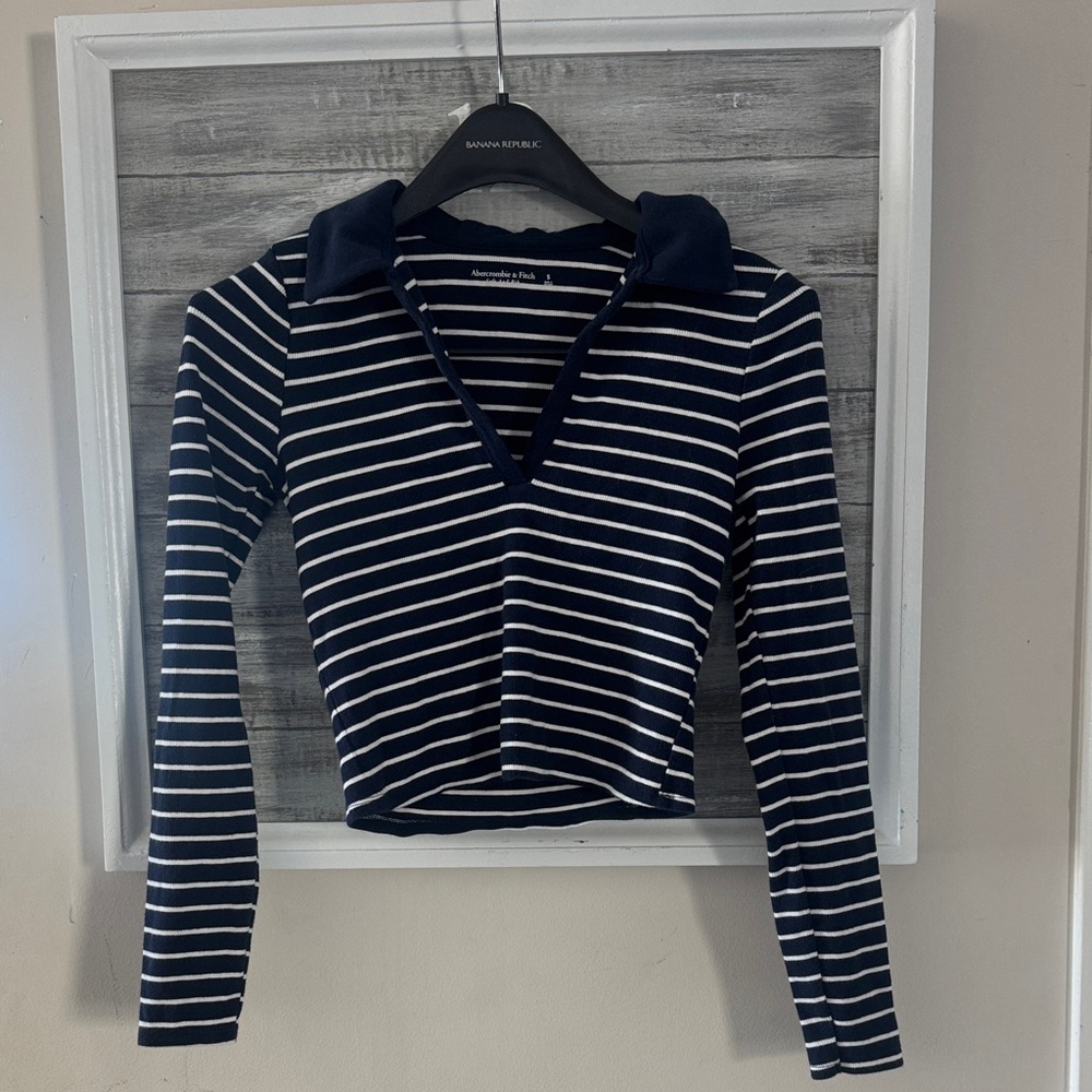 Abercrombie & Fitch Navy and White Striped Long Sleeve Top